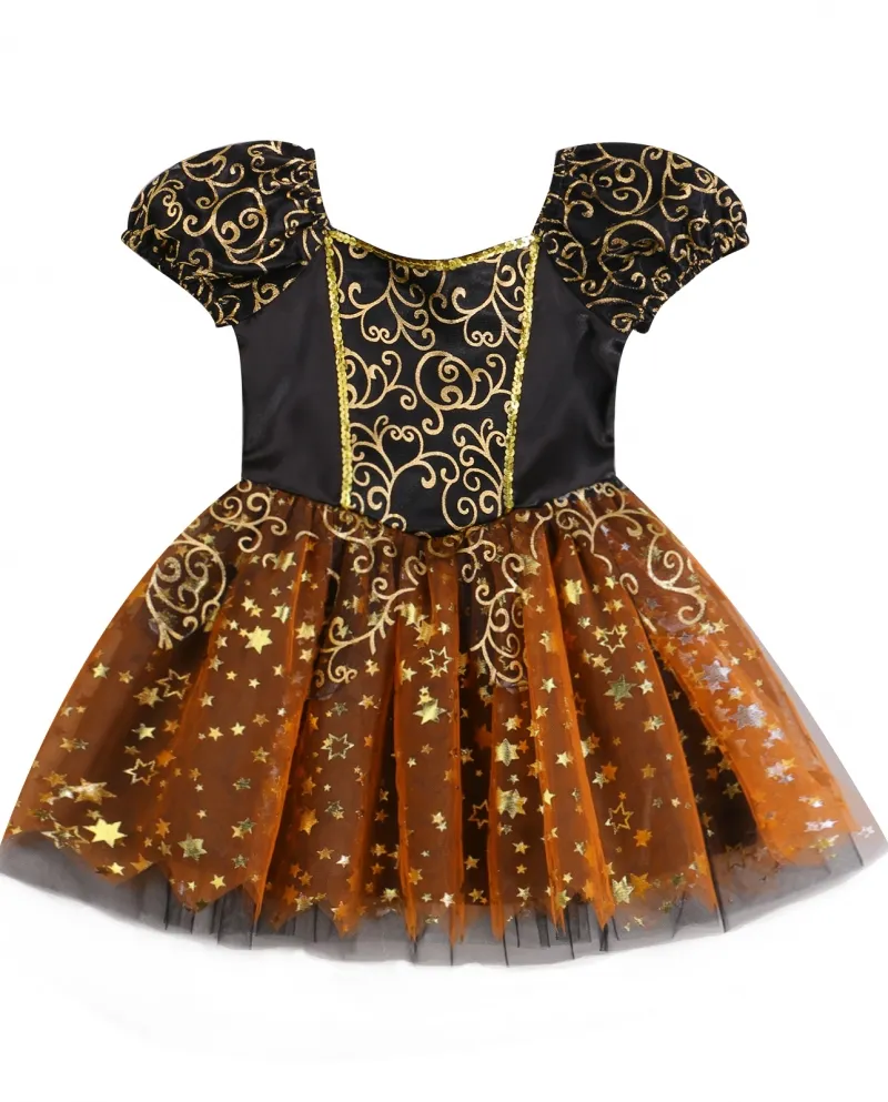 1 6 Y Vestito da Halloween per ragazze Colletto quadrato nero Maniche corte a sbuffo Vestito patchwork con paillettes in rete Ab