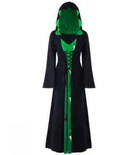 Abbigliamento da donna gotico Costume da festival di Halloween Cosplay Vestito da strega Abito con cappuccio a maniche lunghe co