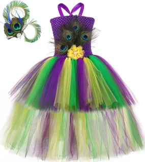 Abiti da ragazza di fiori di pavone alto basso per bambini Festa di compleanno Costume di Halloween Vestito da tutu per ragazza