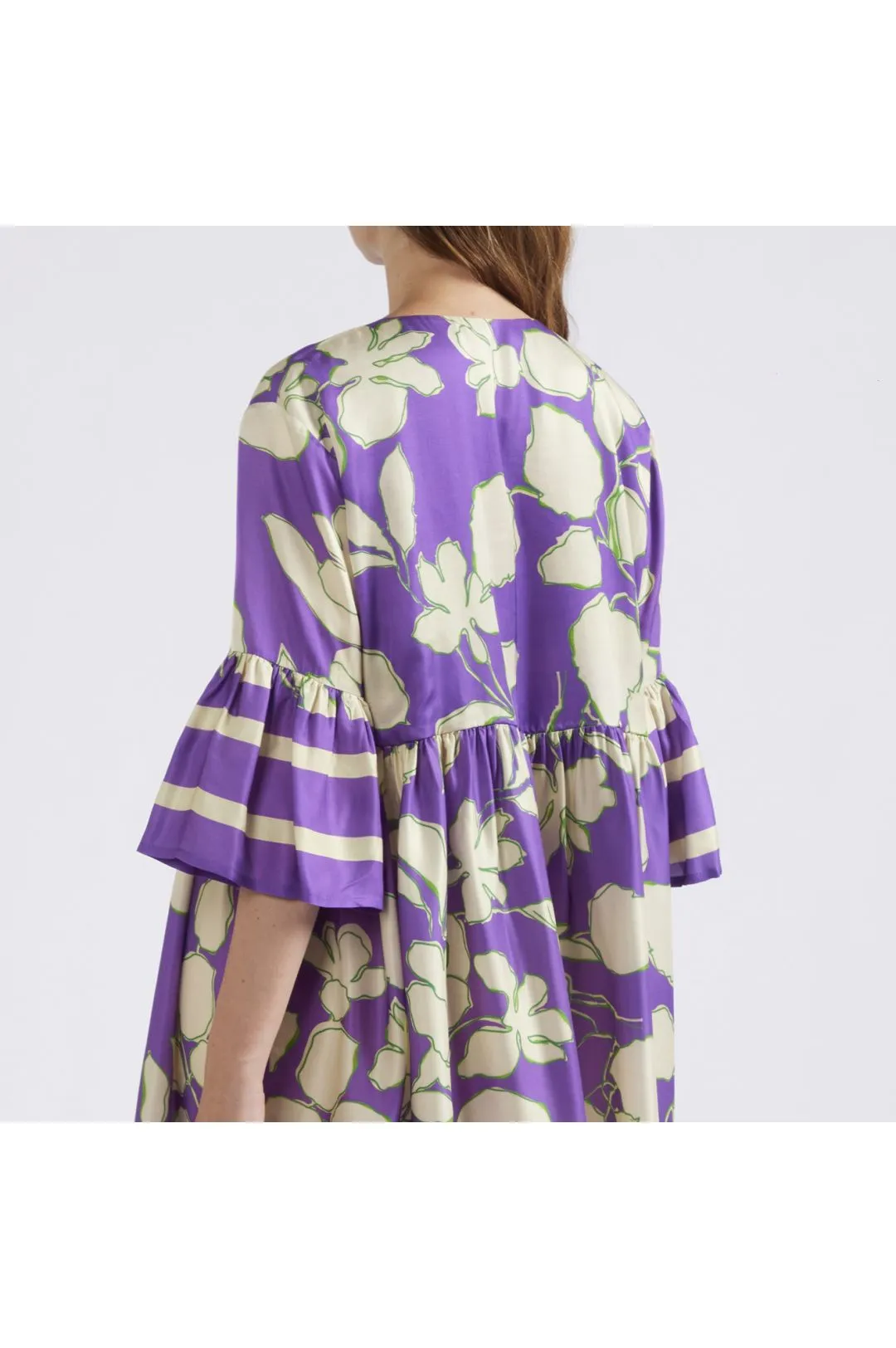 abito con increspatura alla vita stampato maxy fiore viola