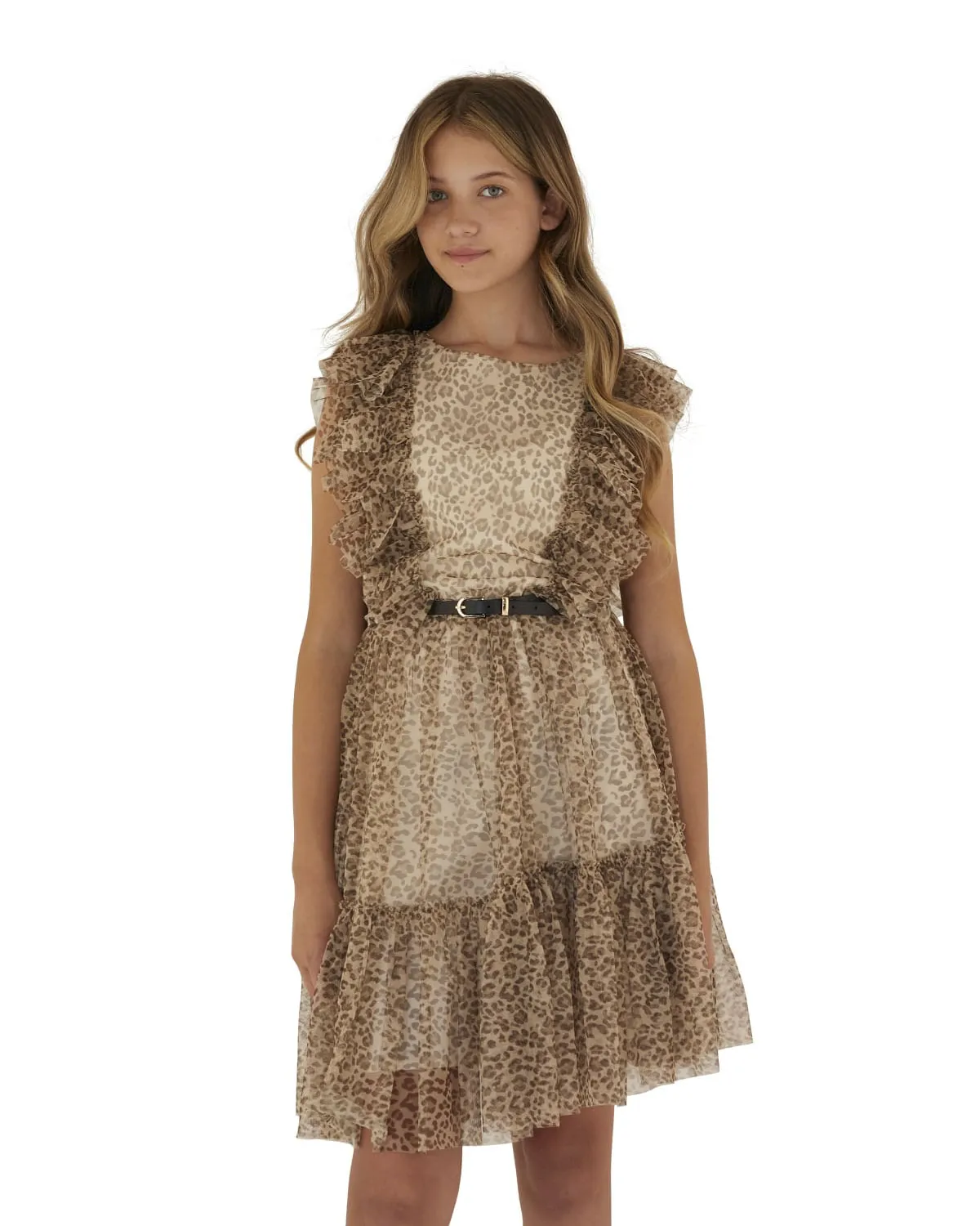 Abito fit and flare animalier in tulle senza maniche con cinturino 4-12 anni