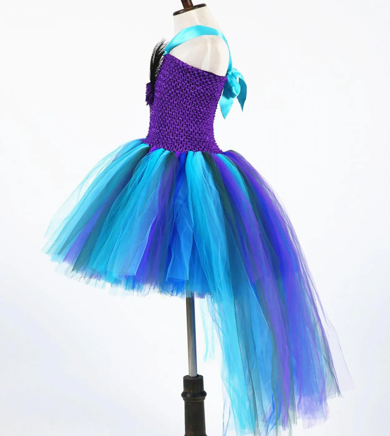 Abito tutu pavone blu viola per ragazze Abiti da spettacolo principessa con costume di Halloween a trascinamento lungo per il co