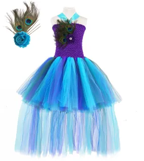 Abito tutu pavone blu viola per ragazze Abiti da spettacolo principessa con costume di Halloween a trascinamento lungo per il co