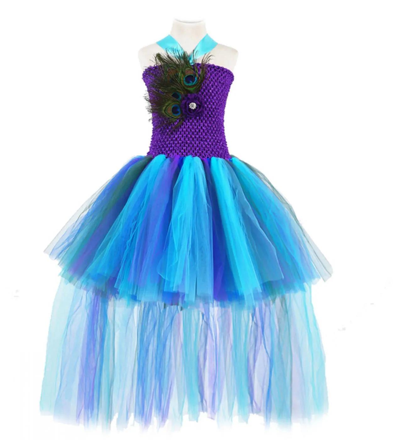 Abito tutu pavone blu viola per ragazze Abiti da spettacolo principessa con costume di Halloween a trascinamento lungo per il co