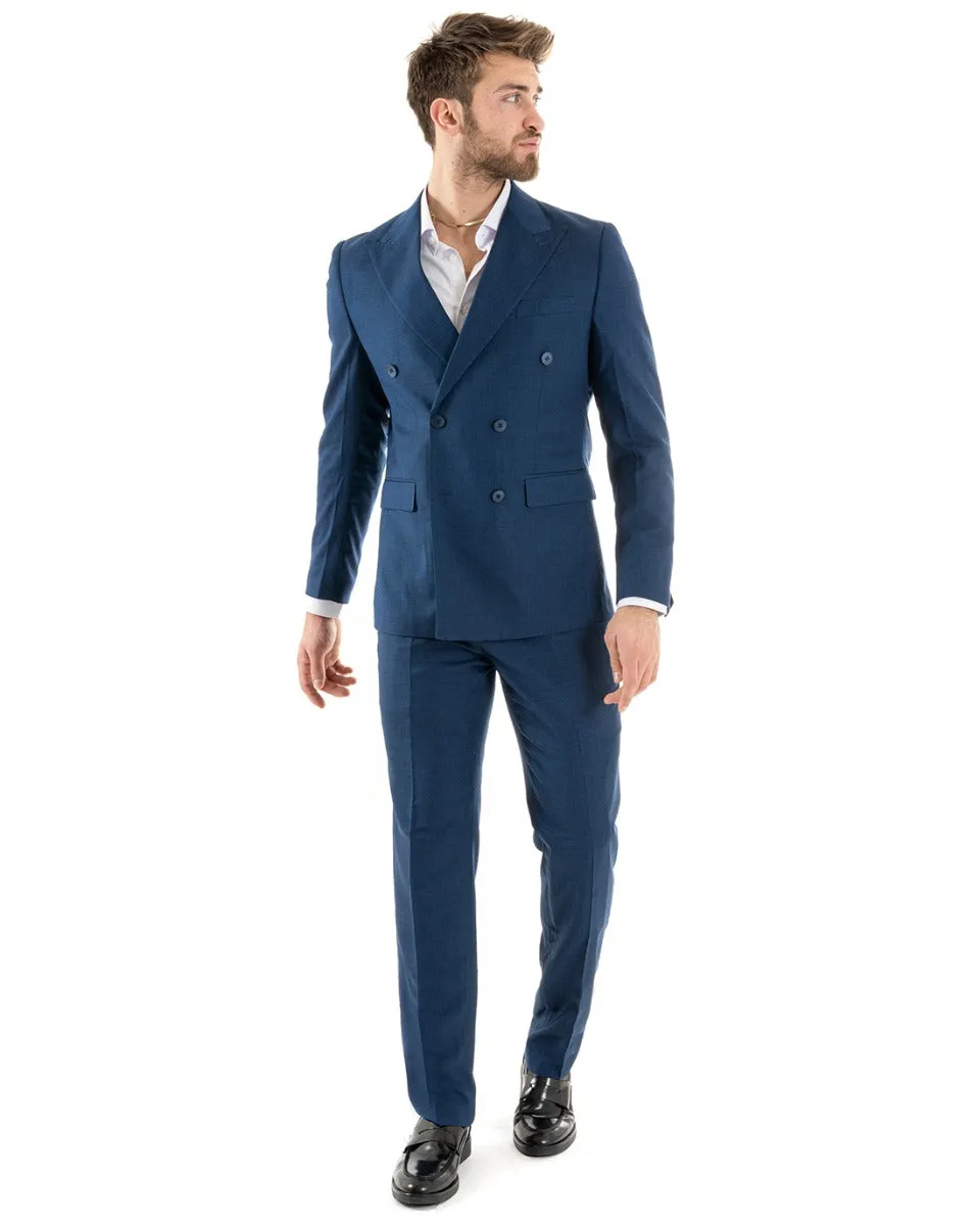 Abito Uomo Doppiopetto Vestito Viscosa Completo Giacca Pantaloni Blu Melangiato Elegante Cerimonia GIOSAL-OU2257A