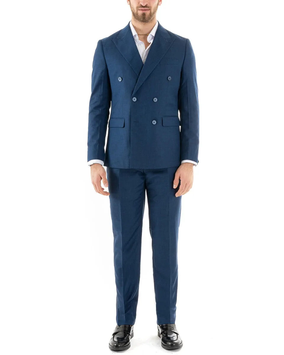 Abito Uomo Doppiopetto Vestito Viscosa Completo Giacca Pantaloni Blu Melangiato Elegante Cerimonia GIOSAL-OU2257A