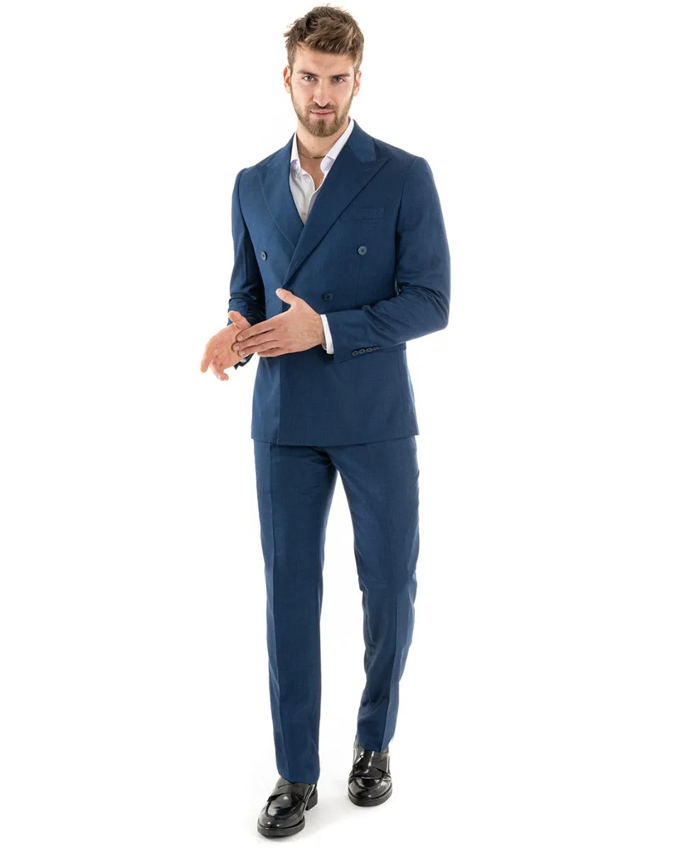 Abito Uomo Doppiopetto Vestito Viscosa Completo Giacca Pantaloni Blu Melangiato Elegante Cerimonia GIOSAL-OU2257A