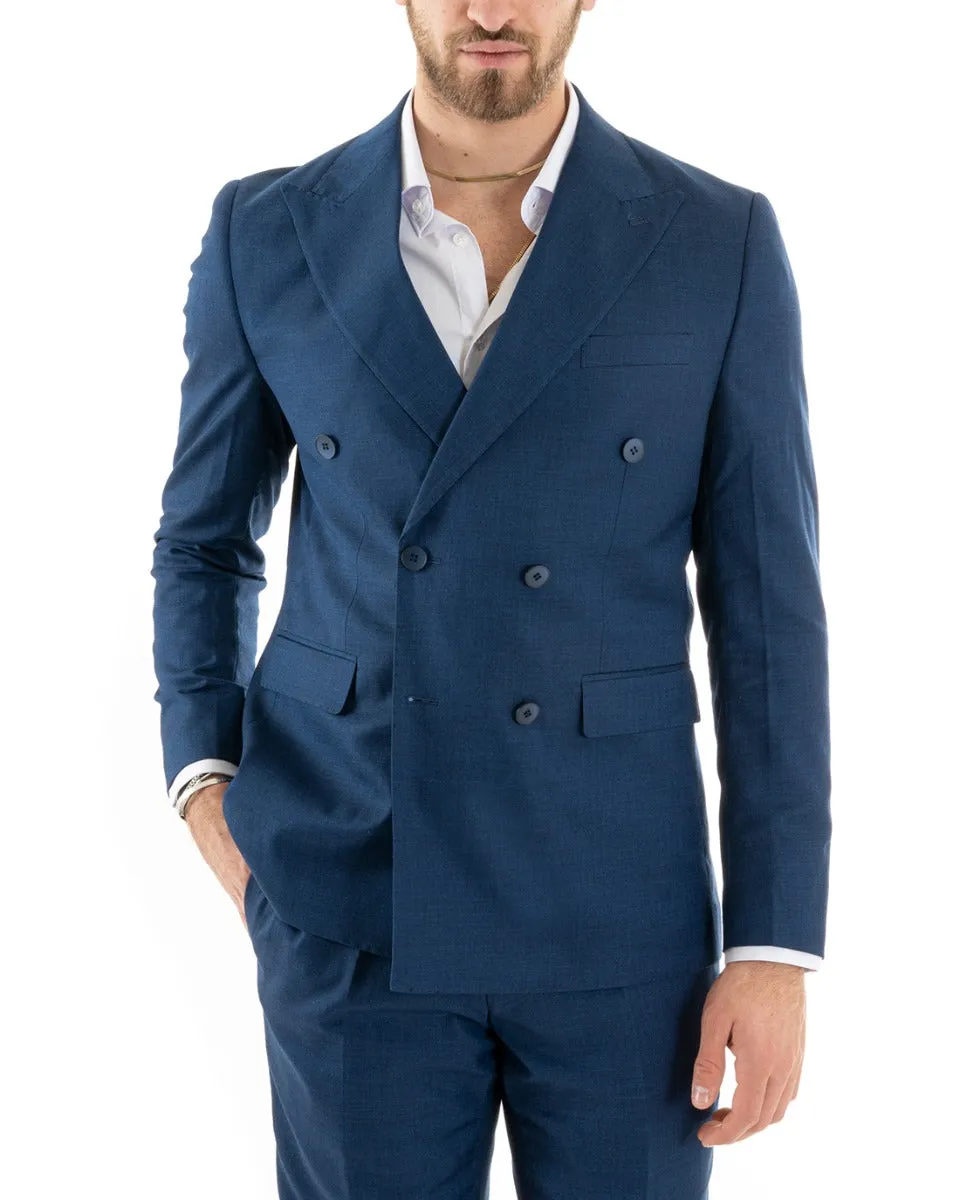 Abito Uomo Doppiopetto Vestito Viscosa Completo Giacca Pantaloni Blu Melangiato Elegante Cerimonia GIOSAL-OU2257A