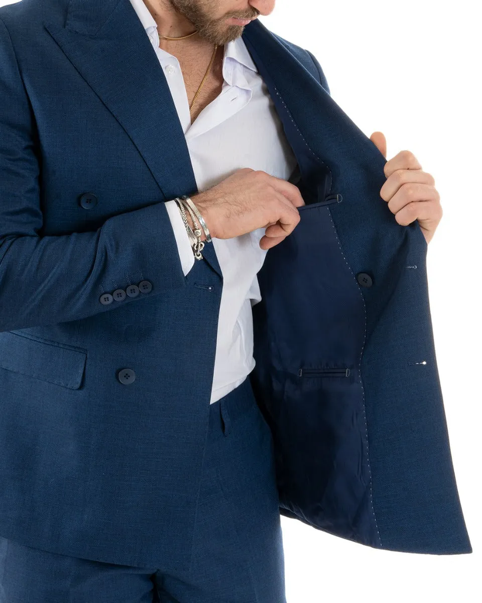 Abito Uomo Doppiopetto Vestito Viscosa Completo Giacca Pantaloni Blu Melangiato Elegante Cerimonia GIOSAL-OU2257A