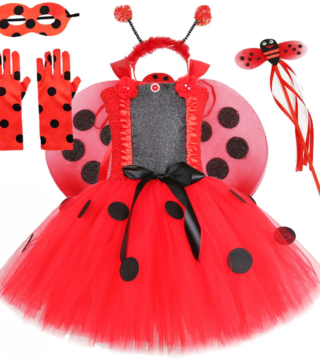 Baby Girls Lady Beetle Tutu Dress With Wings Fairy Princess Costumes For Kids Halloween Birthday Outfit Red Polka Dots C