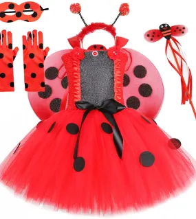 Baby Girls Lady Beetle Tutu Dress With Wings Fairy Princess Costumes For Kids Halloween Birthday Outfit Red Polka Dots C