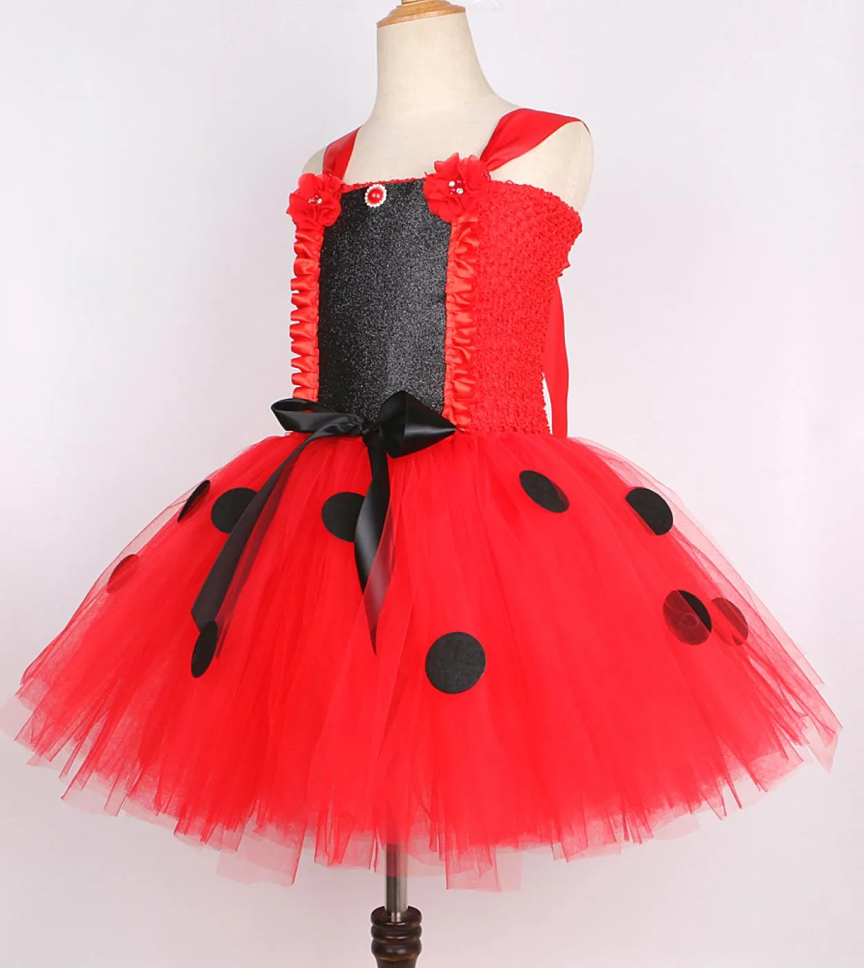 Baby Girls Lady Beetle Tutu Dress With Wings Fairy Princess Costumes For Kids Halloween Birthday Outfit Red Polka Dots C