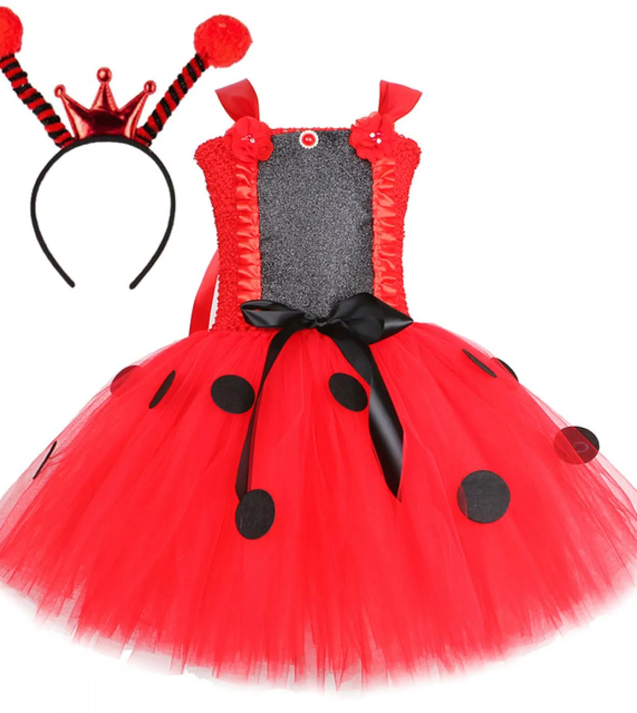 Baby Girls Lady Beetle Tutu Dress With Wings Fairy Princess Costumes For Kids Halloween Birthday Outfit Red Polka Dots C