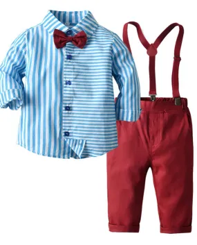 Bambini Ragazzo Maniche Lunghe Vestiti A Righe Abito Moda Camicia Pantaloni Solid Bretelle 16 Anni Abiti Quotidiani Set Per Bamb