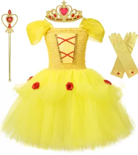 Belle Costume Cosplay per ragazze Natale Halloween Tutu Dress Kids Birthday Party Outfit Abiti da principessa con corona Wa