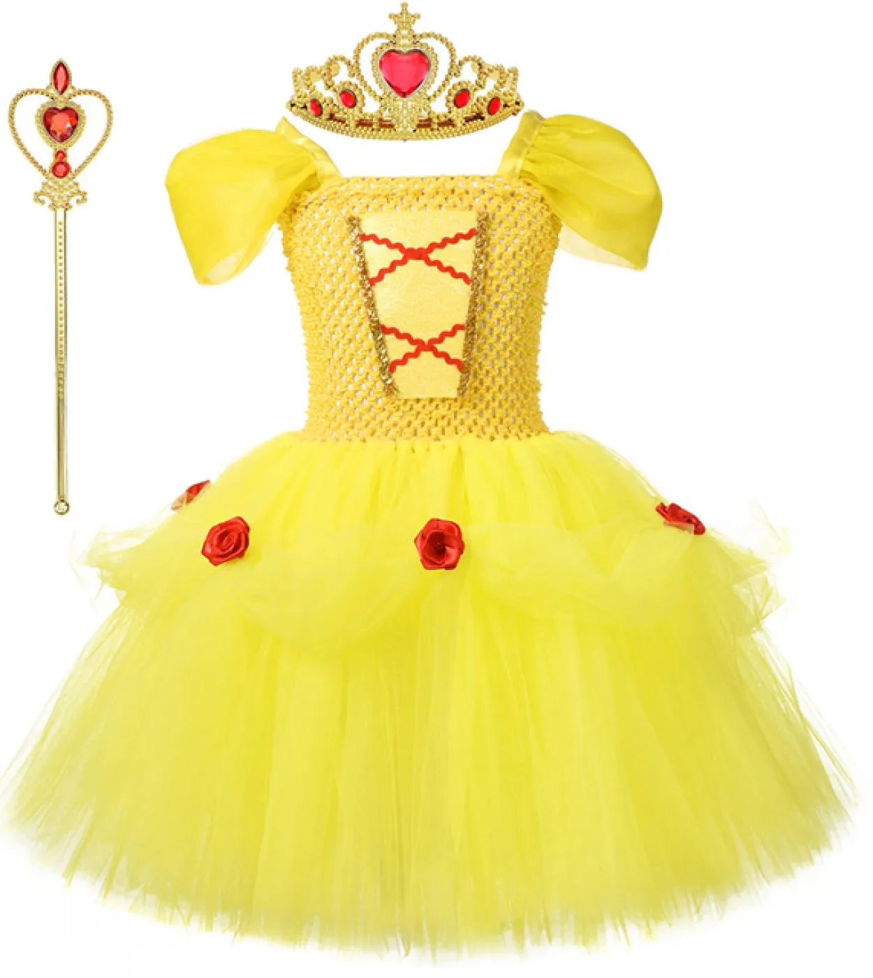 Belle Costume Cosplay per ragazze Natale Halloween Tutu Dress Kids Birthday Party Outfit Abiti da principessa con corona Wa