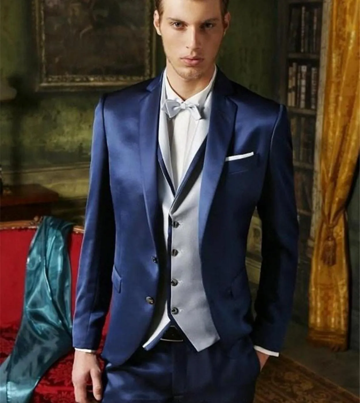 Blu Navy Groomsmen Notch Risvolto Matrimonio Cena Abiti Smoking dello sposo Brillante Best Man Abito da sposo giacca  pantalon