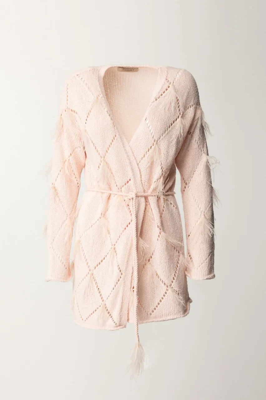 Cardigan a losanghe con piumette CUPCAKE PINK