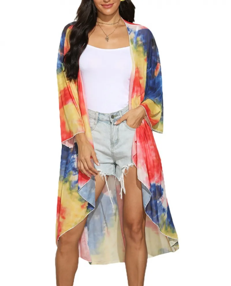 Copricostume da donna Tie Dye Copricostume a maniche lunghe con orlo irregolare Cardigan trasparente per copricostume estivo