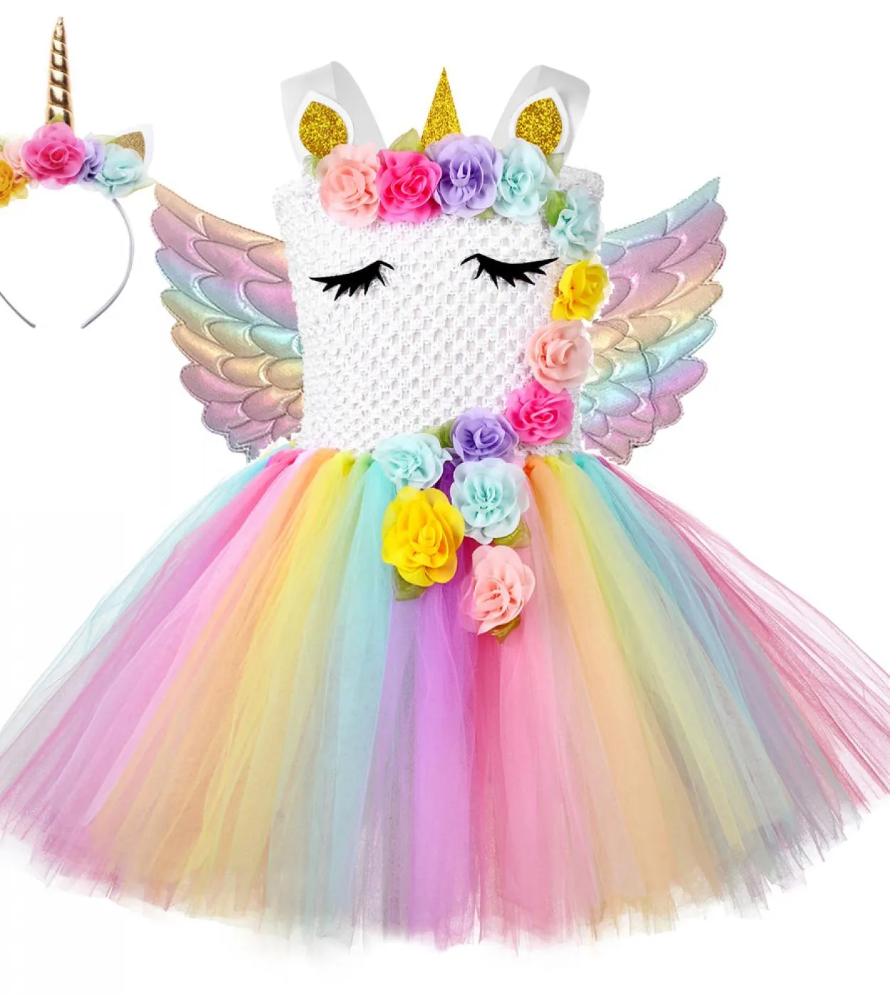 Flower Girl Unicorn Tutu Dress Costume Neonate Ali Fata Principessa Abiti Arcobaleno Vestito Bambini Compleanno Halloween Co