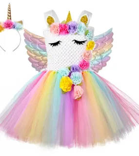 Flower Girl Unicorn Tutu Dress Costume Neonate Ali Fata Principessa Abiti Arcobaleno Vestito Bambini Compleanno Halloween Co