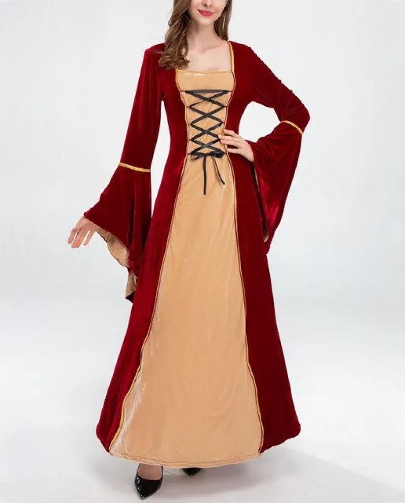 Gothic Medieval Long Dress Women Magic Witch Maxi Dress Renaissance Flare Sleeve Halloween Cosplay Costume Retro Party G