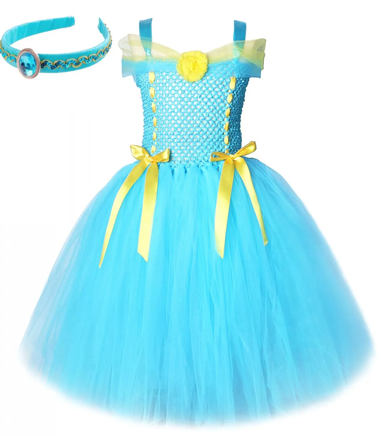 Jasmine Abito lungo tutu per ragazze Compleanno Costume di Halloween per bambini Abito in tulle con fiocco per capelli Lunghezza