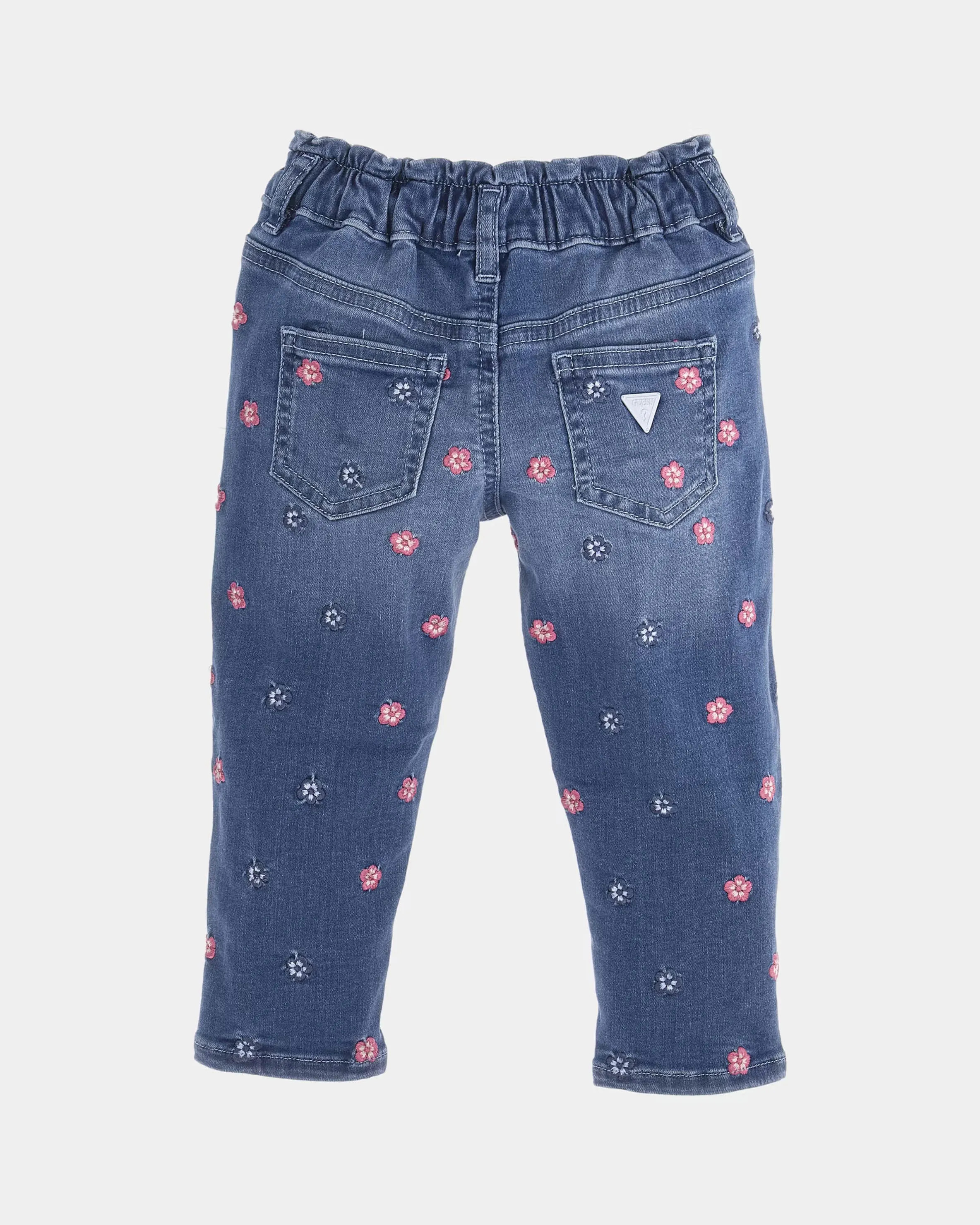 Jeans a lavaggio medio stone washed con ricami floreali rosa e blu all-over 9-24 mesi