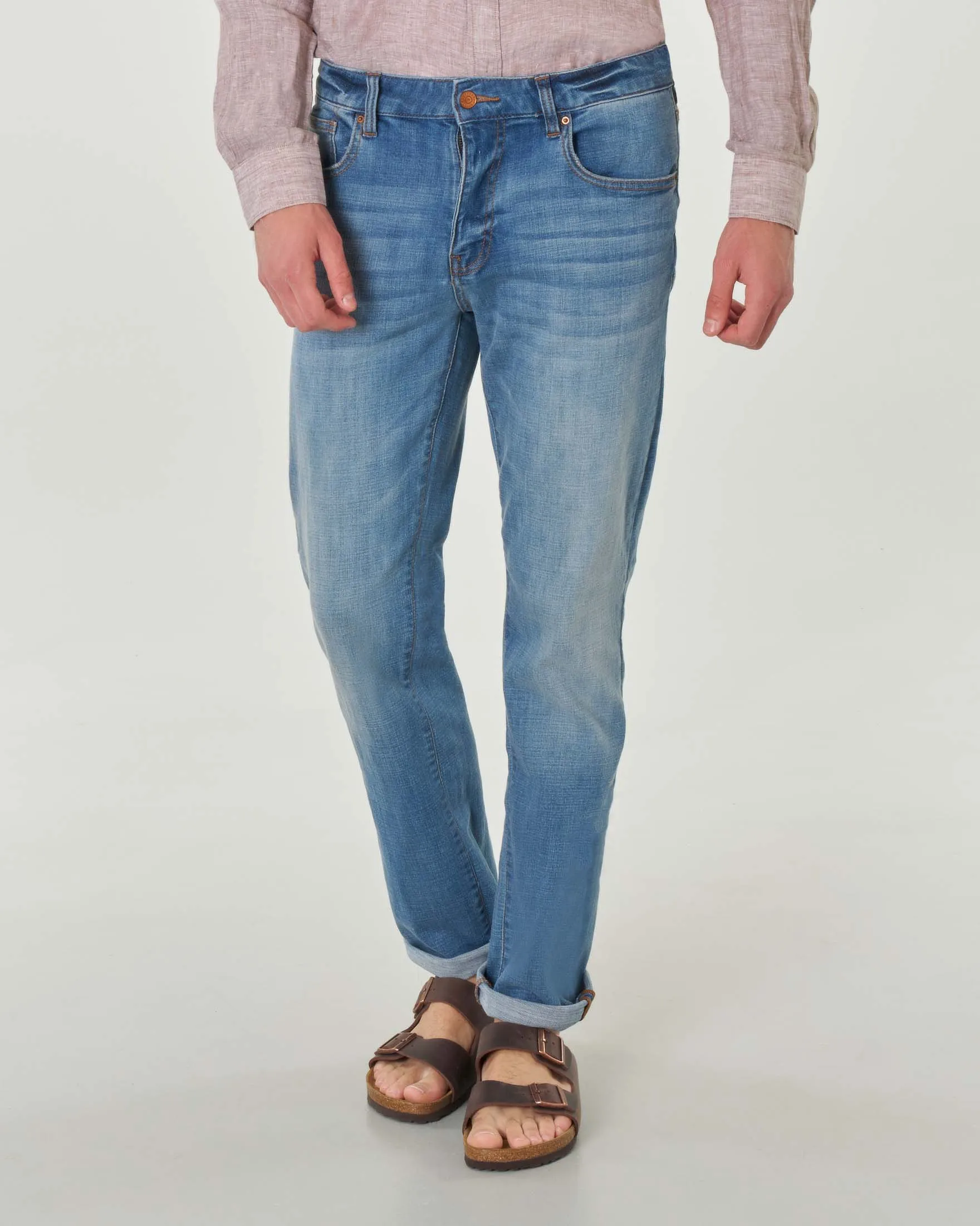 Jeans slim-fit a vita media in cotone stretch lavaggio chiaro super stone washed con baffature