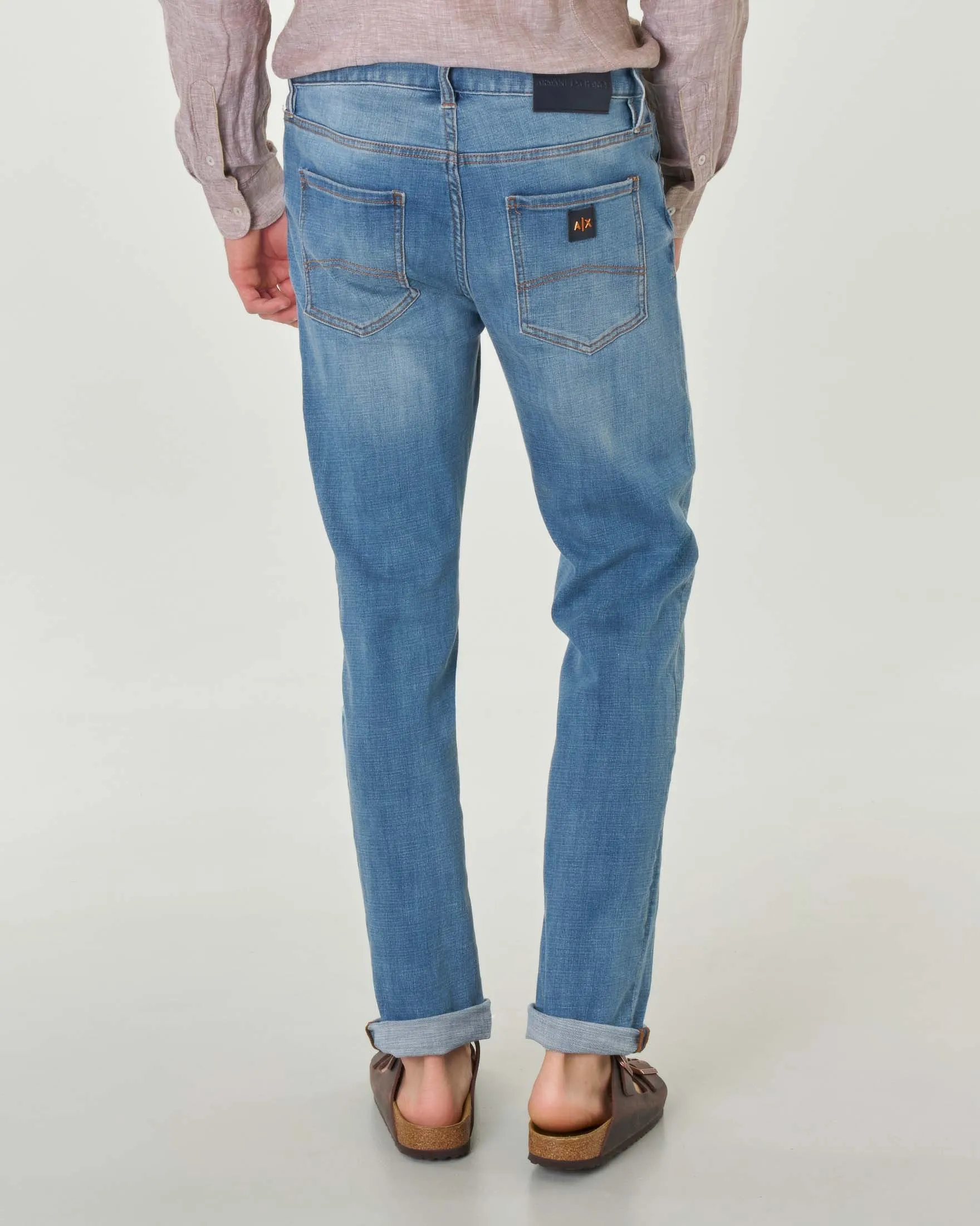 Jeans slim-fit a vita media in cotone stretch lavaggio chiaro super stone washed con baffature