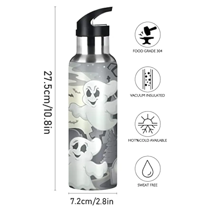 KAAVIYO Fantasma di Halloween Bottiglia Acqua Isolato Borraccia Termica Acciaio Inox 600ML Water Bottle per Bambini Sport Ciclis