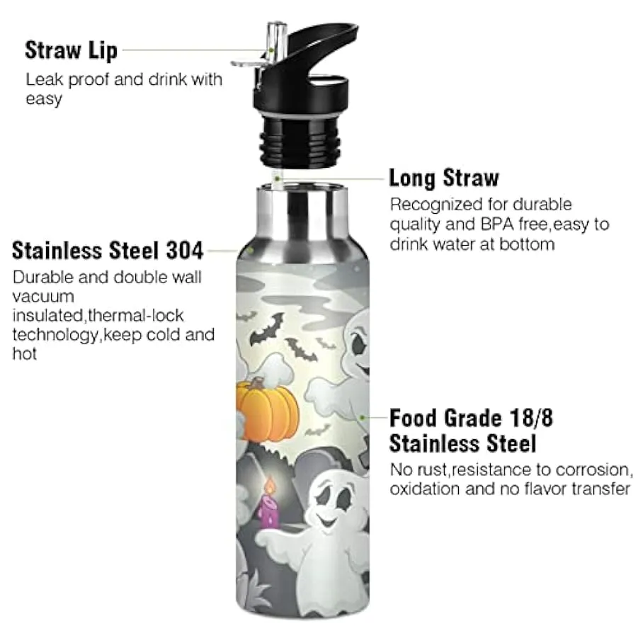 KAAVIYO Fantasma di Halloween Bottiglia Acqua Isolato Borraccia Termica Acciaio Inox 600ML Water Bottle per Bambini Sport Ciclis