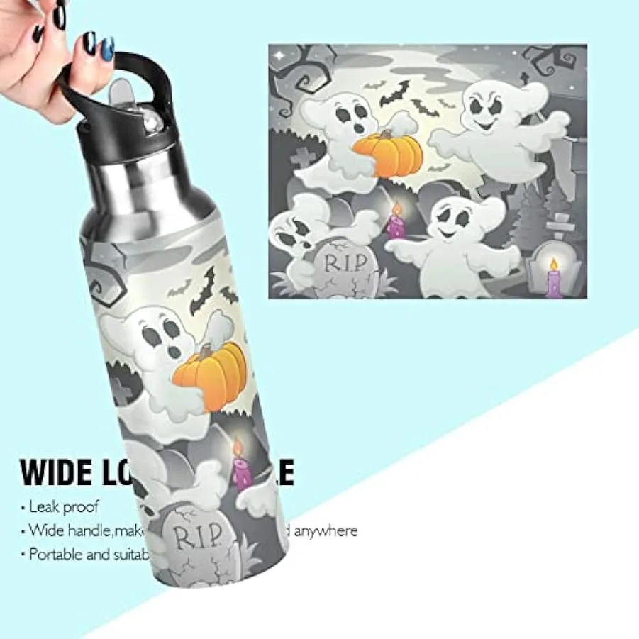 KAAVIYO Fantasma di Halloween Bottiglia Acqua Isolato Borraccia Termica Acciaio Inox 600ML Water Bottle per Bambini Sport Ciclis