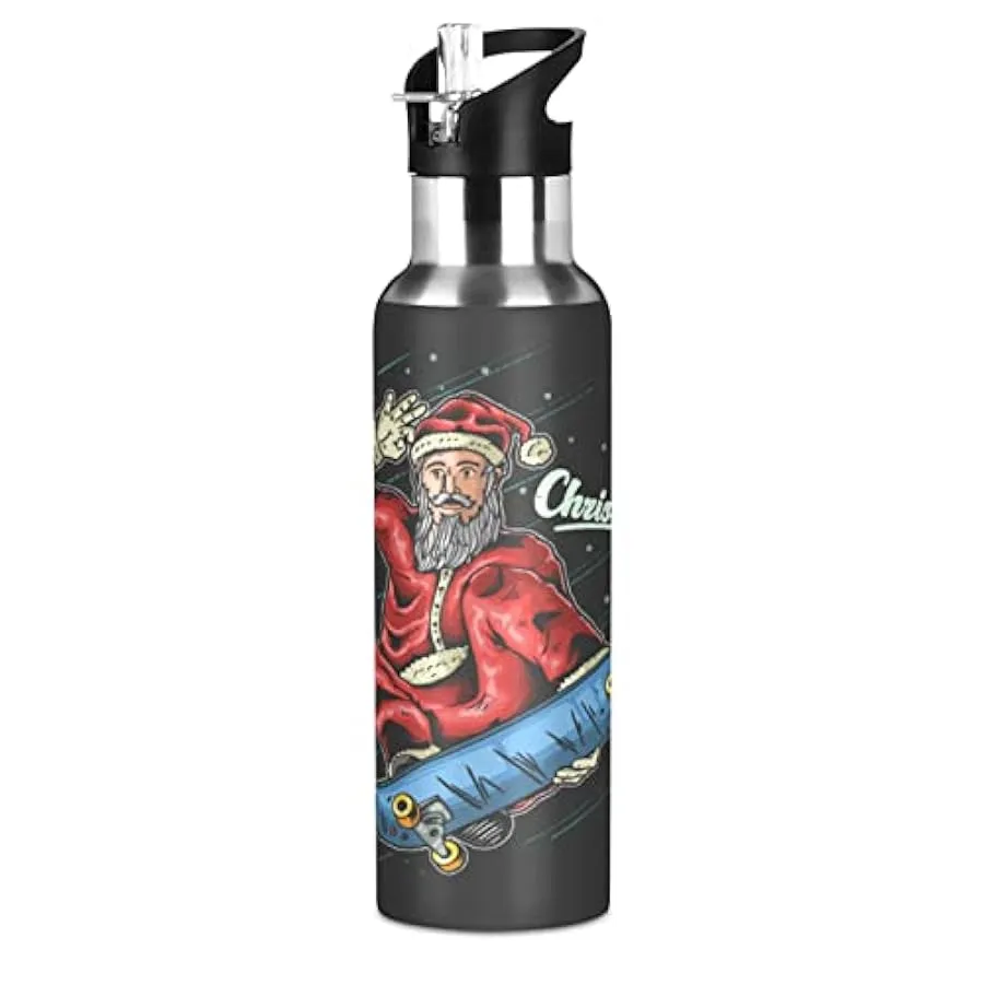 KAAVIYO Skateboard di Natale Babbo Natale Nero Bottiglia Acqua Isolato Borraccia Termica Acciaio Inox 600ML Water Bottle per Bam