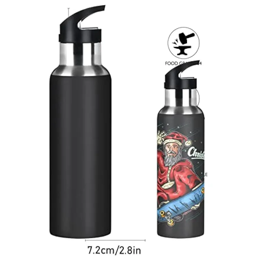 KAAVIYO Skateboard di Natale Babbo Natale Nero Bottiglia Acqua Isolato Borraccia Termica Acciaio Inox 600ML Water Bottle per Bam