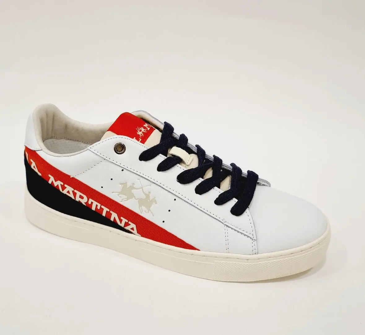 La Martina sneakers fondo gomma 3 cm. pelle bianco  rosso blu Rif.17