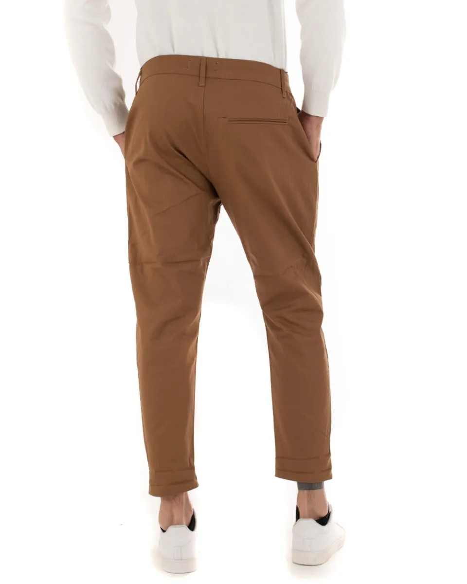 Pantaloni Uomo Abbottonatura Allungata Cotone Capri Tinta Unita Camel Casual GIOSAL-P5937A