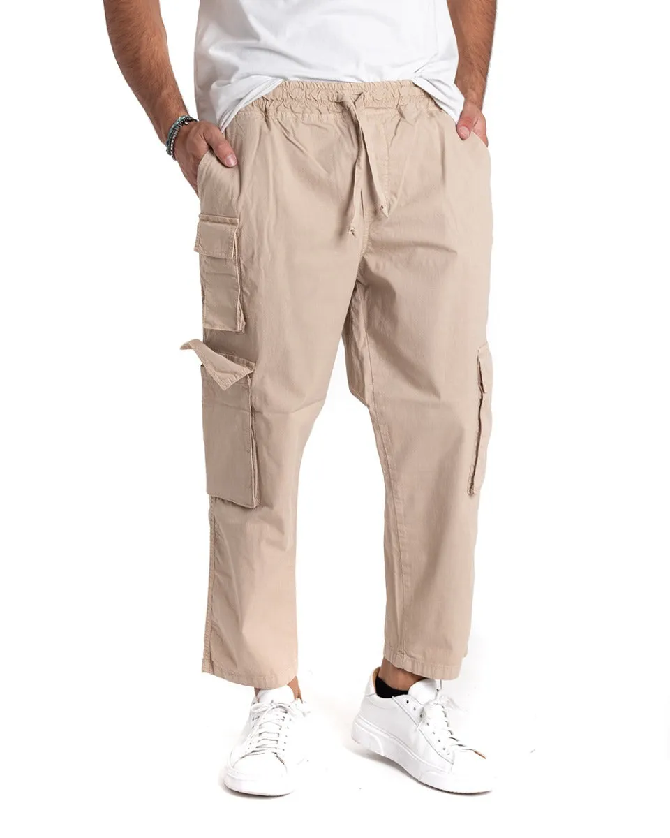 Pantaloni Uomo Cargo Tasconi Comodo Coulisse Tinta Unita Beige GIOSAL-P5346A