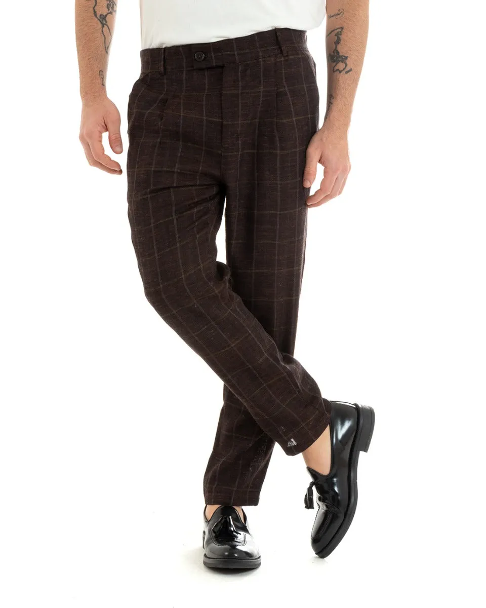 Pantaloni Uomo Lino Abbottonatura Allungata Classico Sartoriale Scozzese Quadri MarroneGIOSAL-P5365A