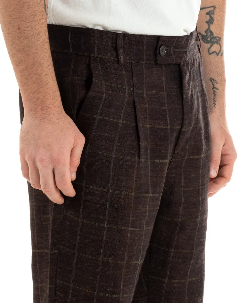 Pantaloni Uomo Lino Abbottonatura Allungata Classico Sartoriale Scozzese Quadri MarroneGIOSAL-P5365A