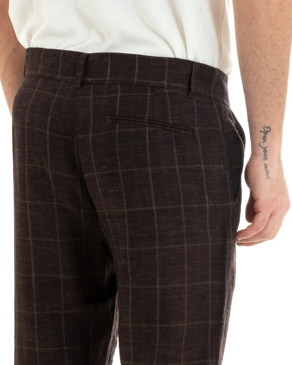 Pantaloni Uomo Lino Abbottonatura Allungata Classico Sartoriale Scozzese Quadri MarroneGIOSAL-P5365A