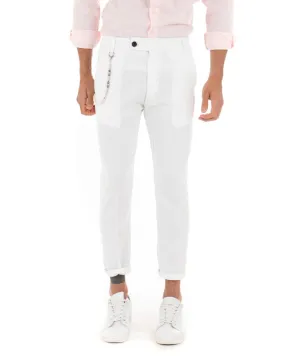 Pantaloni Uomo Lino Tasca America Abbottonatura Allungata Classico Elegante Bianco GIOSAL-P5260A