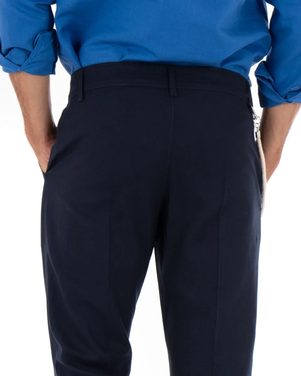 Pantaloni Uomo Lino Tasca America Abbottonatura Allungata Classico Elegante Blu GIOSAL-P5257A