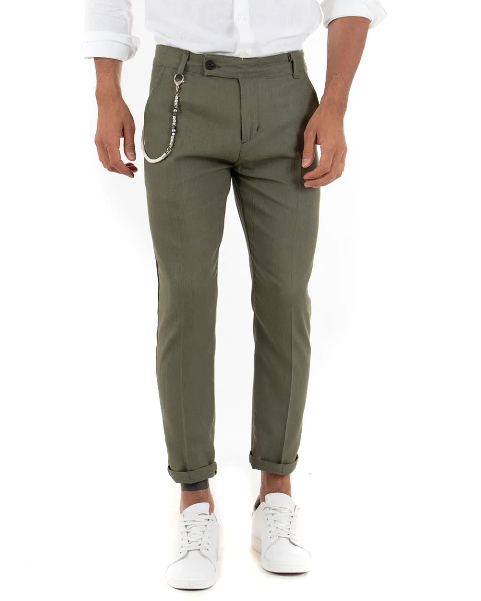 Pantaloni Uomo Lino Tasca America Abbottonatura Allungata Classico Elegante Verde GIOSAL-P5261A