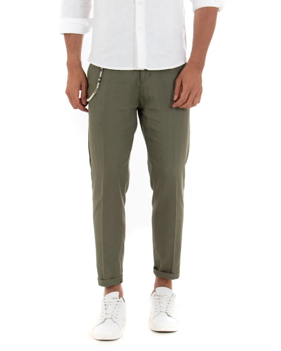 Pantaloni Uomo Lino Tasca America Abbottonatura Allungata Classico Elegante Verde GIOSAL-P5261A