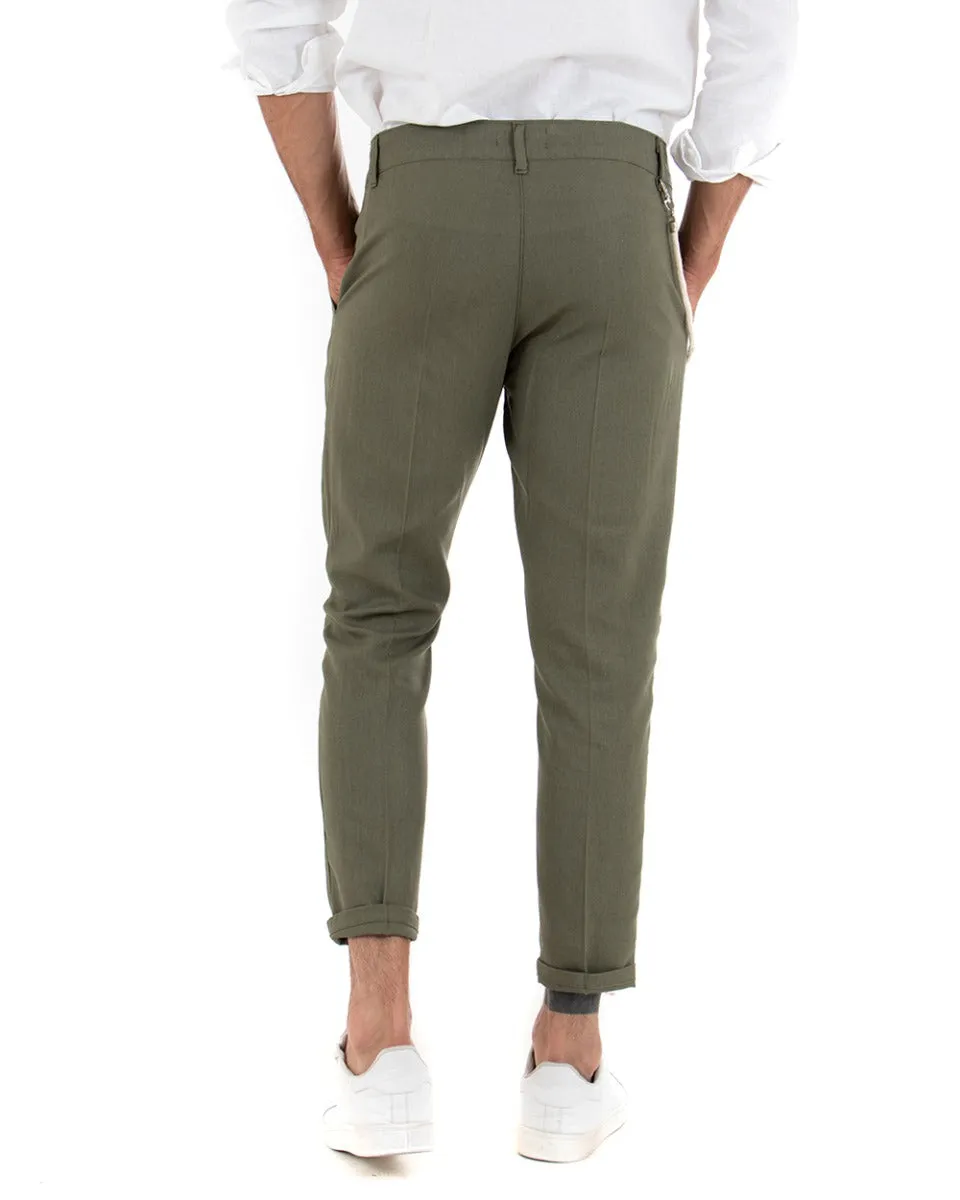 Pantaloni Uomo Lino Tasca America Abbottonatura Allungata Classico Elegante Verde GIOSAL-P5261A