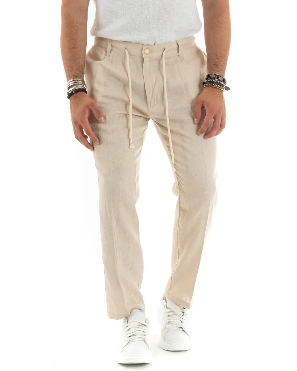 Pantaloni Uomo Lino Tasca America Basic Con Coulisse Elastico Sul Retro Casual Tinta Unita Beige GIOSAL-P5836A