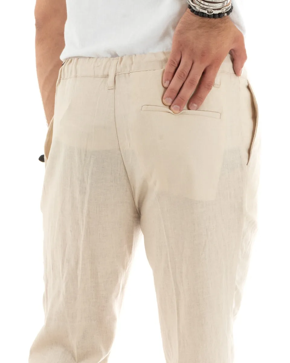 Pantaloni Uomo Lino Tasca America Basic Con Coulisse Elastico Sul Retro Casual Tinta Unita Beige GIOSAL-P5836A