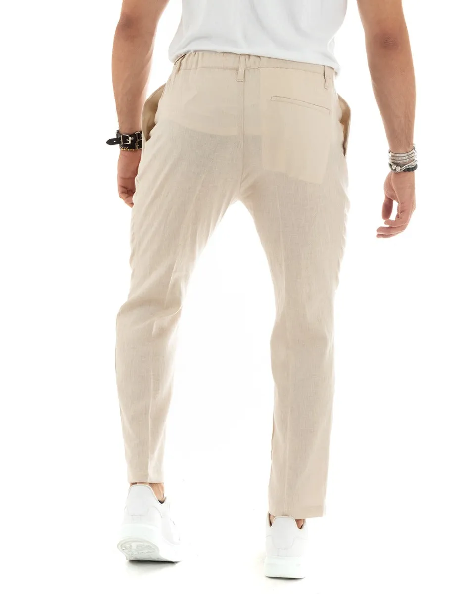 Pantaloni Uomo Lino Tasca America Basic Con Coulisse Elastico Sul Retro Casual Tinta Unita Beige GIOSAL-P5836A