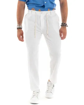 Pantaloni Uomo Lino Tasca America Basic Con Coulisse Elastico Sul Retro Casual Tinta Unita Bianco GIOSAL-P5833A